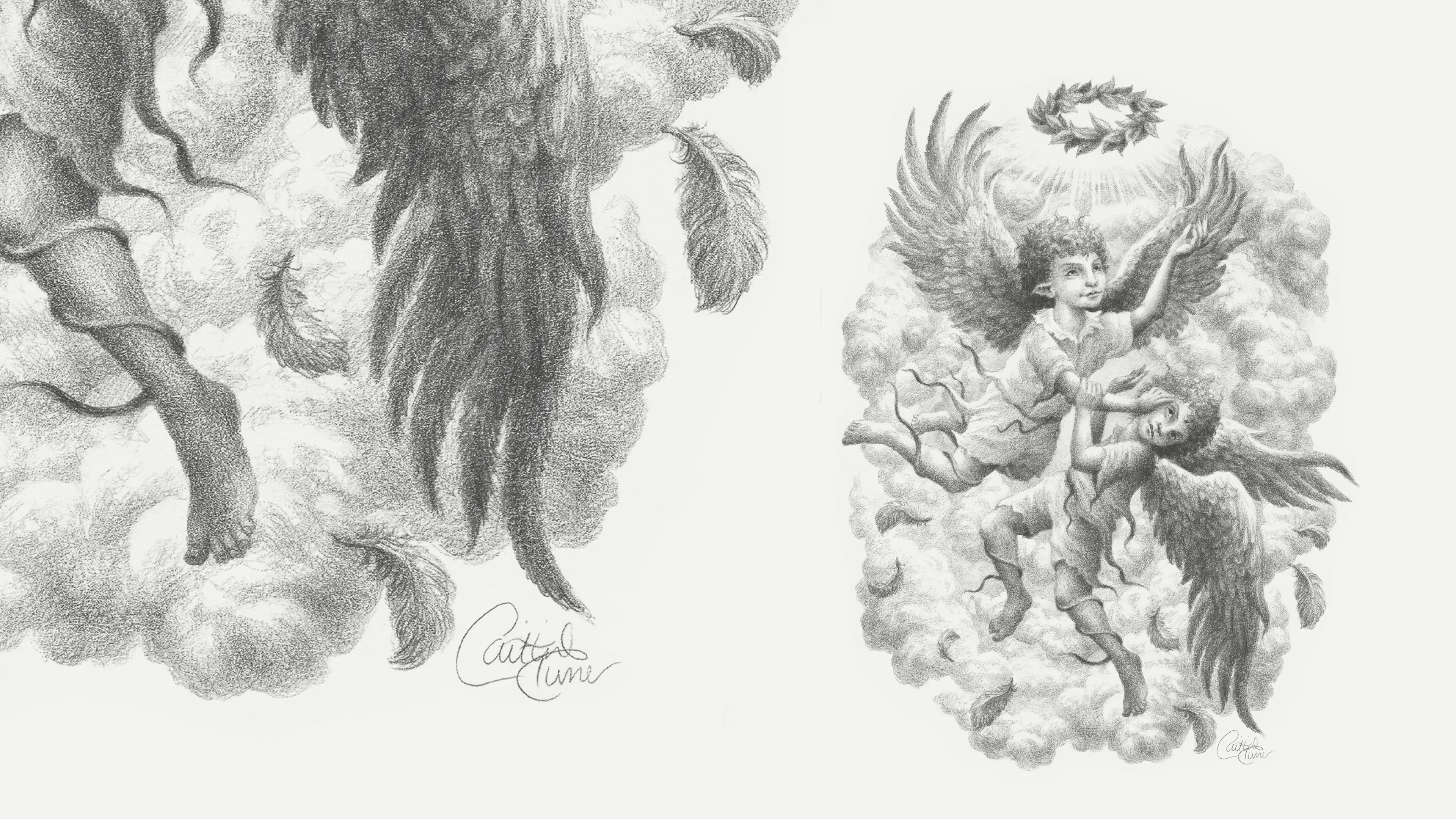 Two detailed graphite illustrations by Caitlin Turner: on the left, a large partial figure of a winged being amid billowing clouds; on the right, a winged youth in armour holds a laurel wreath aloft while grappling with a dark-winged figure, all set against a soft white background